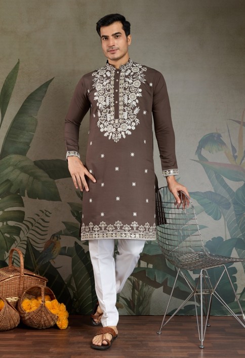 Brown Thread & Sequence Hand Embroidered Men’s Kurta Set